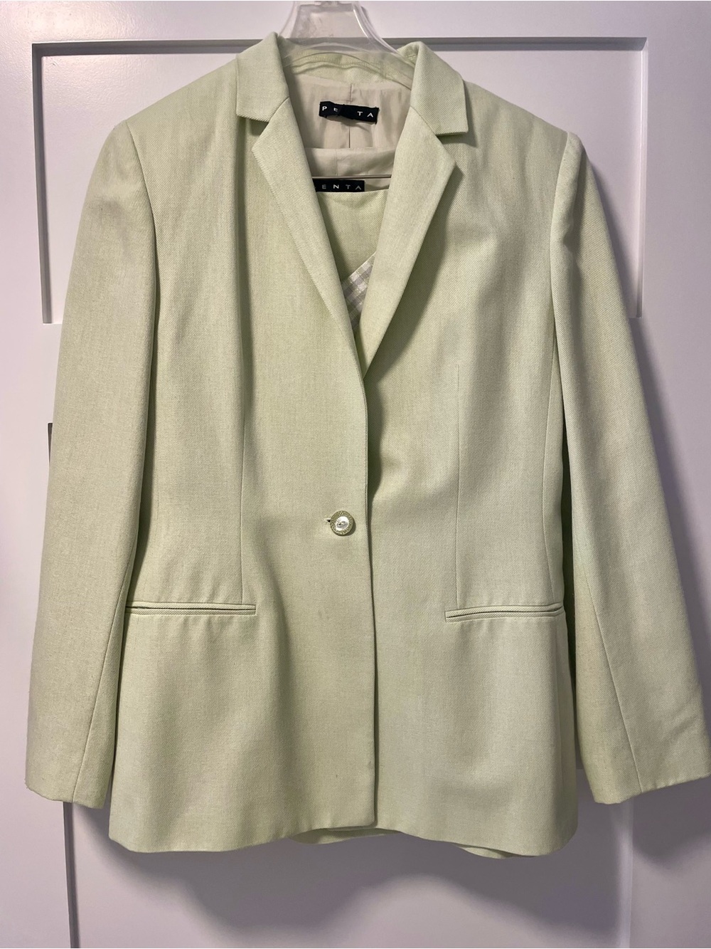 Gorgeous Penta Light Green Single-Button Blazer, Top and Skirt